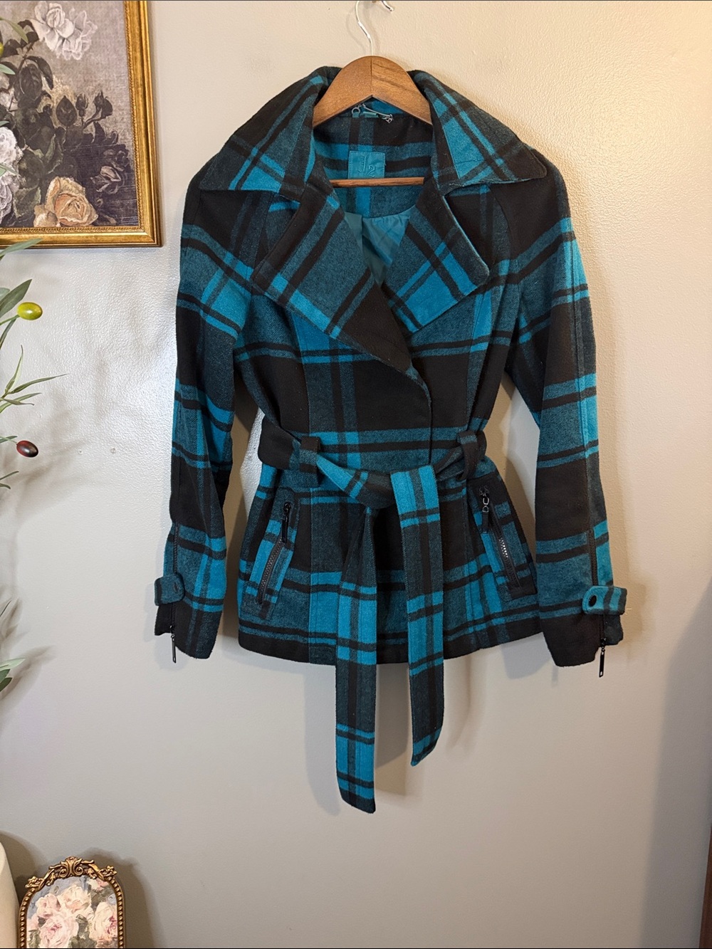 J2 by Jou Jou Teal Black Plaid Belted Moto Jacket Size S - Picture 2 of 8